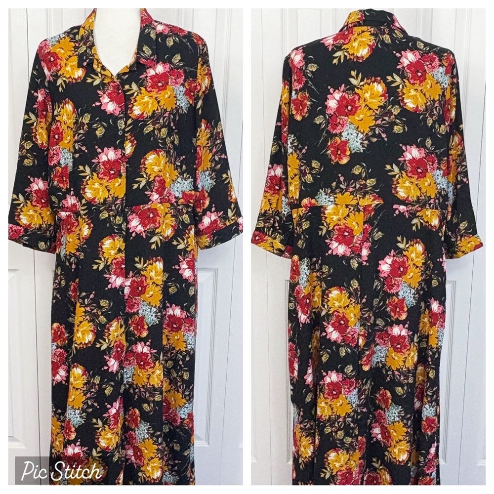Time and Tru Black Multi Floral 3/4 Sleeve Button Down Shirtdress XXL